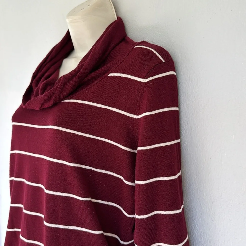 Pink Rose maroon white stripe cowl neck 3/4 sleeve long tunic sweater size large